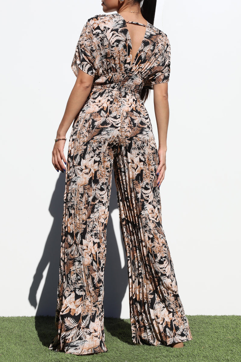 DD6407, PLEATED V NECK WOVEN JUMPSUIT