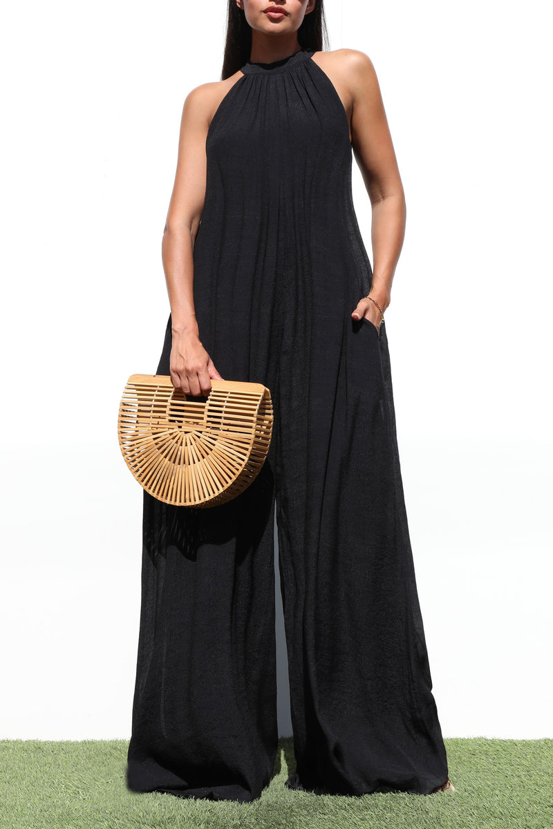 DD6971, MOCK NECK LOOSE FIT WOVEN JUMPSUIT