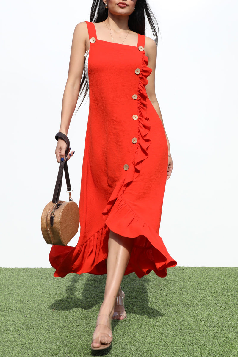 DD6399, OVERROLL WOVEN RUFFLED DRESS