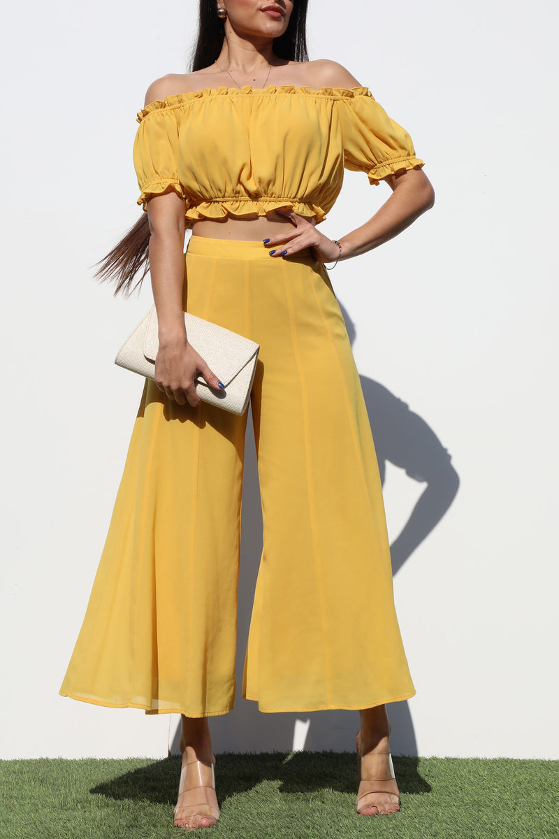 DD7185, OFF SHOULDER WOVEN TOP AND PANTS SET