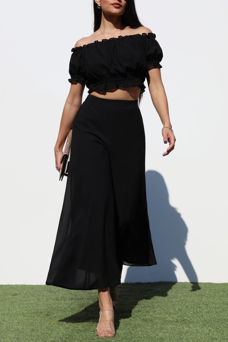 DD7185, OFF SHOULDER WOVEN TOP AND PANTS SET