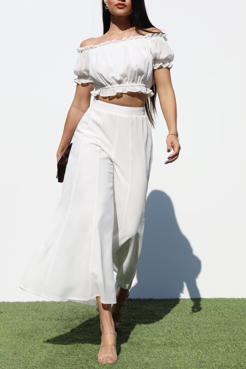 DD7185, OFF SHOULDER WOVEN TOP AND PANTS SET