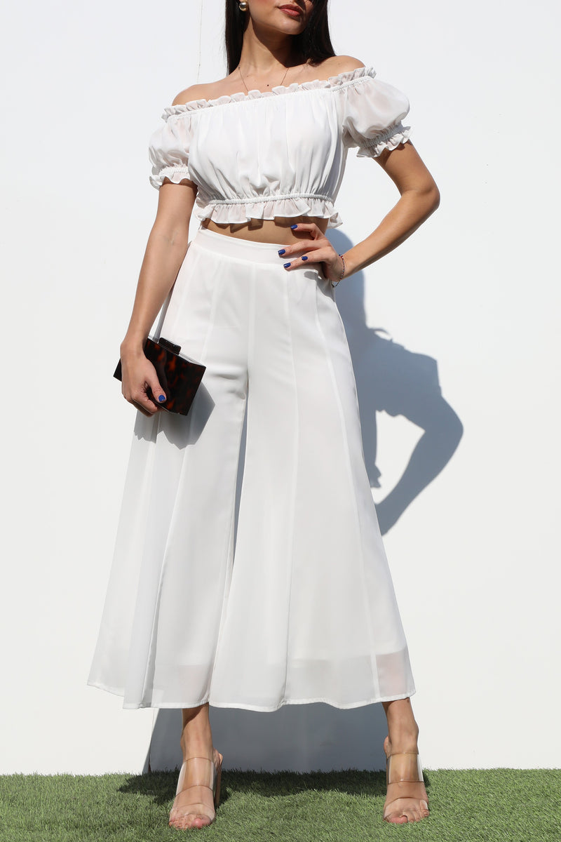 DD7185, OFF SHOULDER WOVEN TOP AND PANTS SET