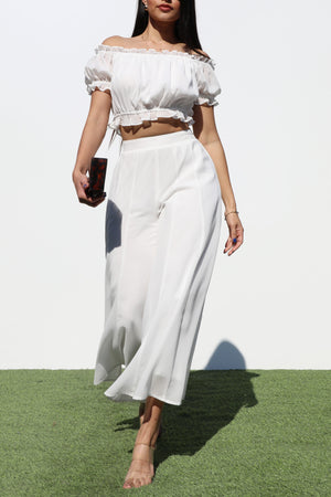 DD7185, OFF SHOULDER WOVEN TOP AND PANTS SET