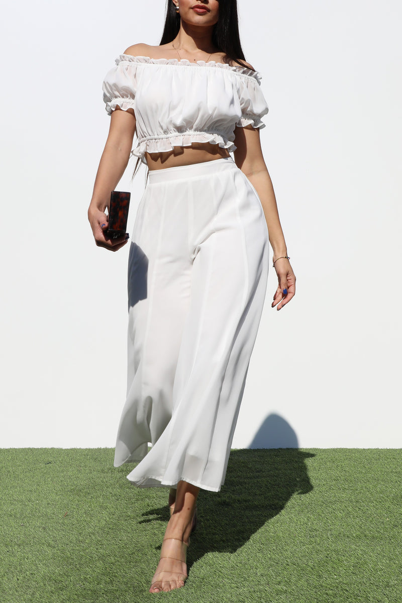 DD7185, OFF SHOULDER WOVEN TOP AND PANTS SET