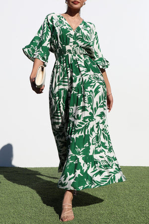 DD6870, PRINTED V NECK WOVEN MIDI DRESS