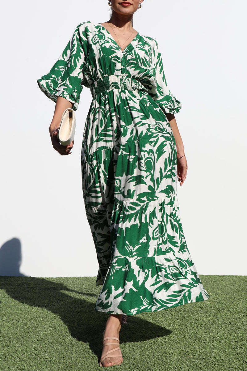 DD6870, PRINTED V NECK WOVEN MIDI DRESS