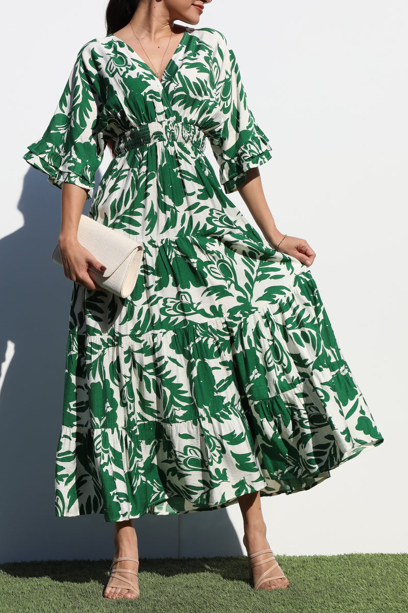 DD6870, PRINTED V NECK WOVEN MIDI DRESS