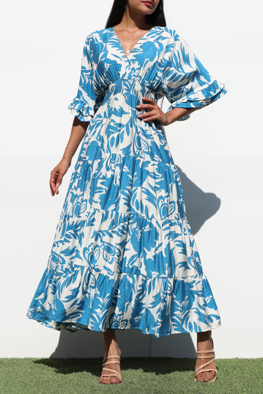 DD6870, PRINTED V NECK WOVEN MIDI DRESS