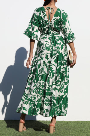 DD6870, PRINTED V NECK WOVEN MIDI DRESS