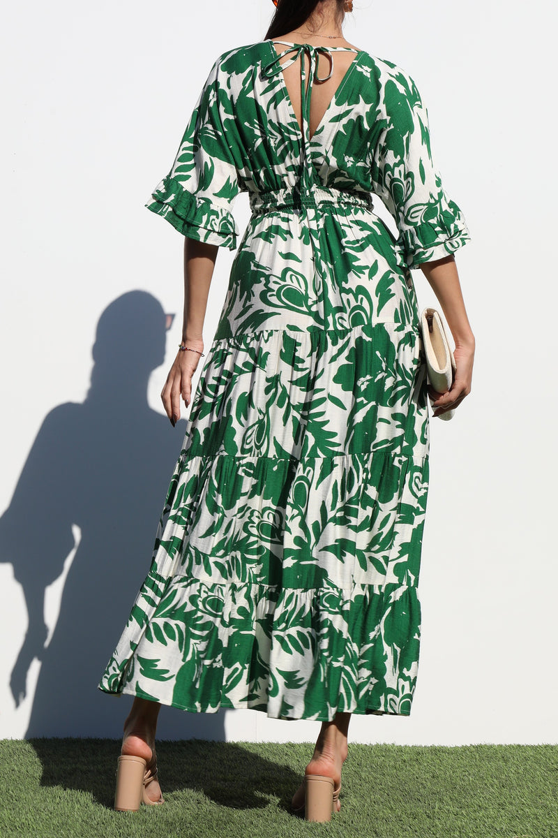 DD6870, PRINTED V NECK WOVEN MIDI DRESS