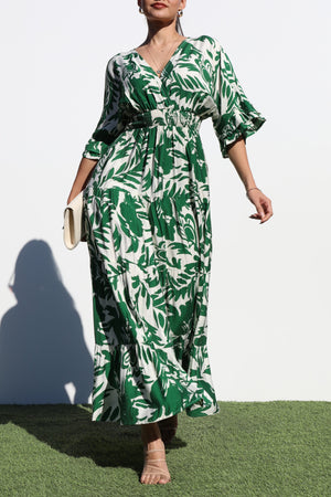 DD6870, PRINTED V NECK WOVEN MIDI DRESS