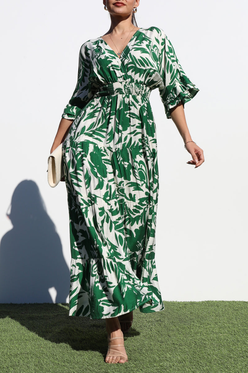 DD6870, PRINTED V NECK WOVEN MIDI DRESS
