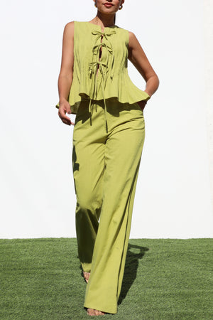 DD6815, RIBBON TIE WOVEN TOP AND PANTS SET