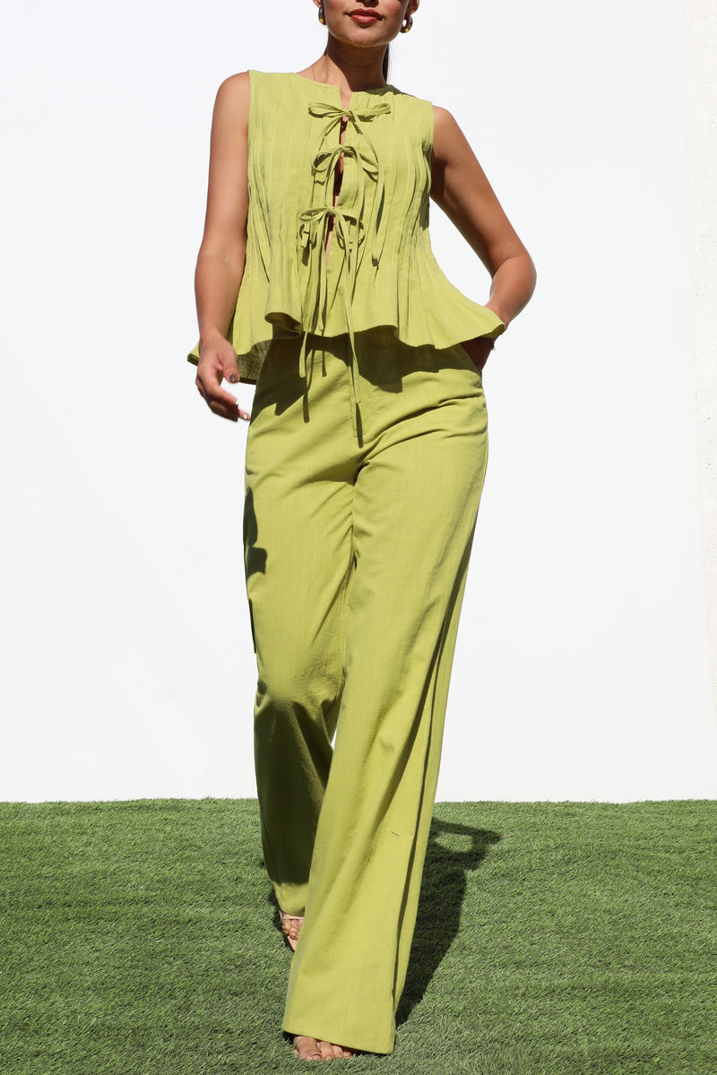 DD6815, RIBBON TIE WOVEN TOP AND PANTS SET