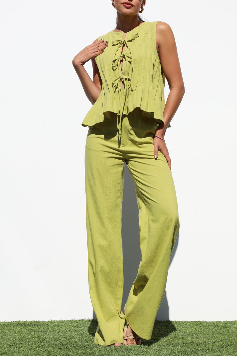 DD6815, RIBBON TIE WOVEN TOP AND PANTS SET