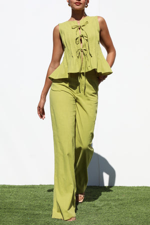 DD6815, RIBBON TIE WOVEN TOP AND PANTS SET