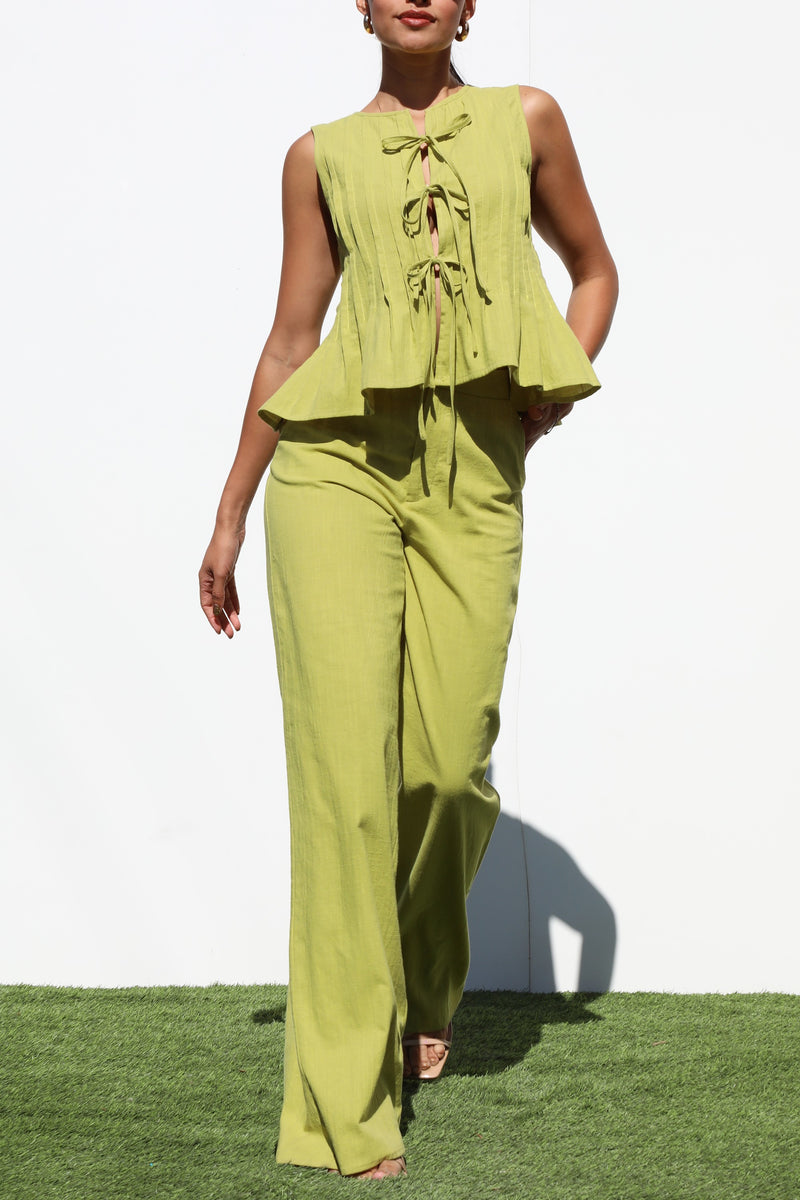 DD6815, RIBBON TIE WOVEN TOP AND PANTS SET