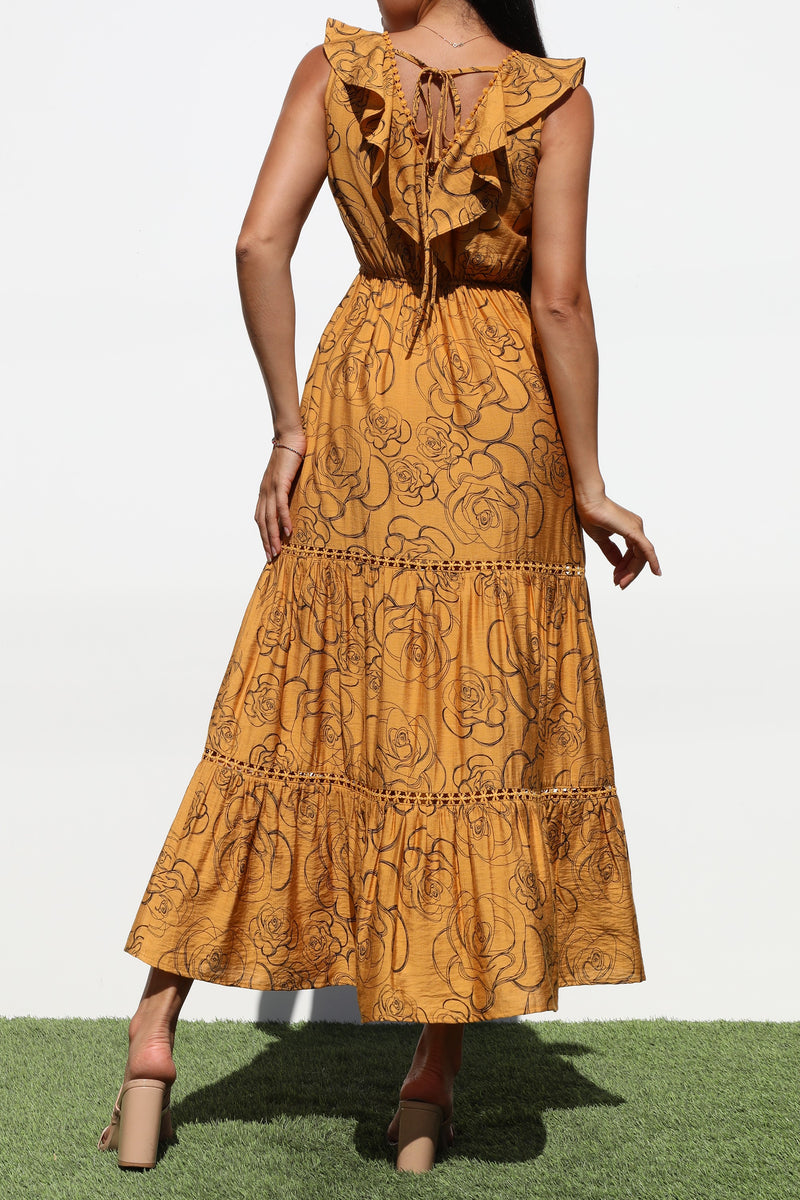 DD6787, PRINTED V NECK MIDI DRESS
