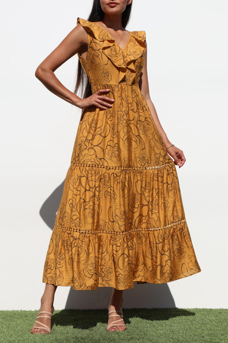 DD6787, PRINTED V NECK MIDI DRESS