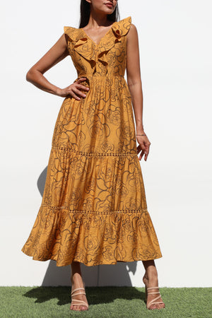 DD6787, PRINTED V NECK MIDI DRESS