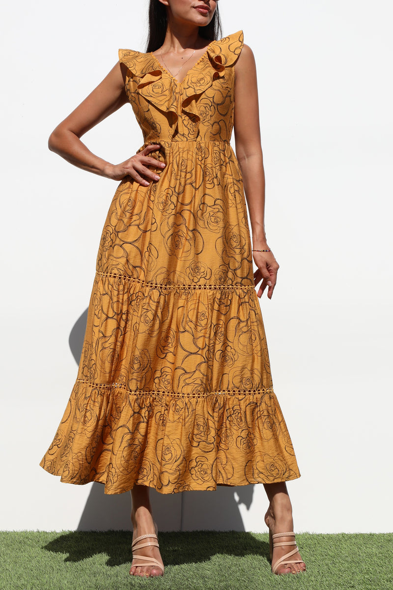 DD6787, PRINTED V NECK MIDI DRESS