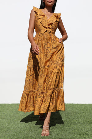 DD6787, PRINTED V NECK MIDI DRESS