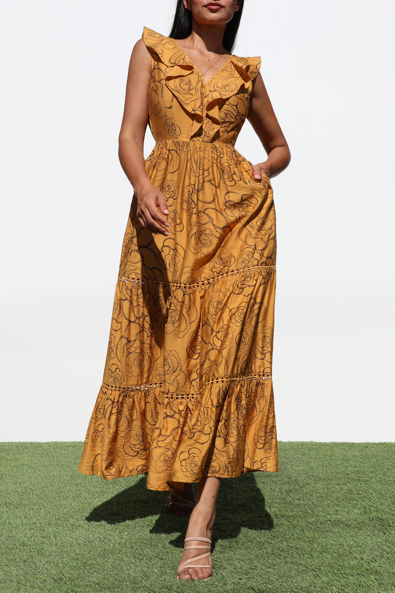 DD6787, PRINTED V NECK MIDI DRESS