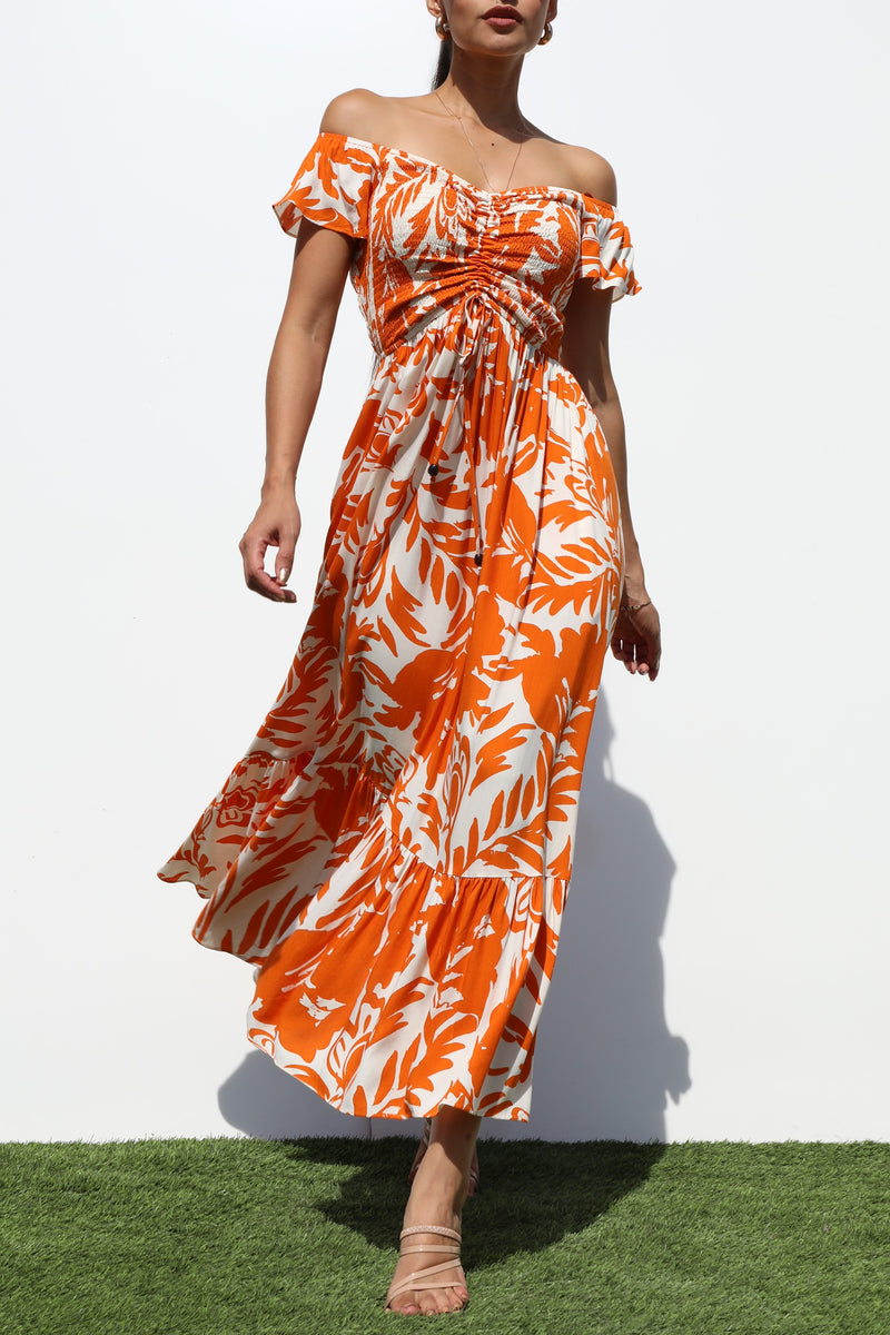 DD7073, SMOCKED TOP WOVEN MIDI DRESS