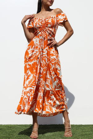 DD7073, SMOCKED TOP WOVEN MIDI DRESS