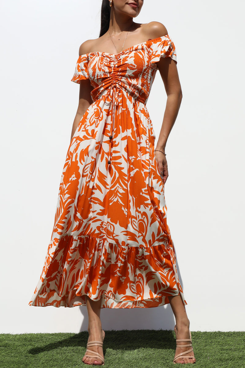 DD7073, SMOCKED TOP WOVEN MIDI DRESS