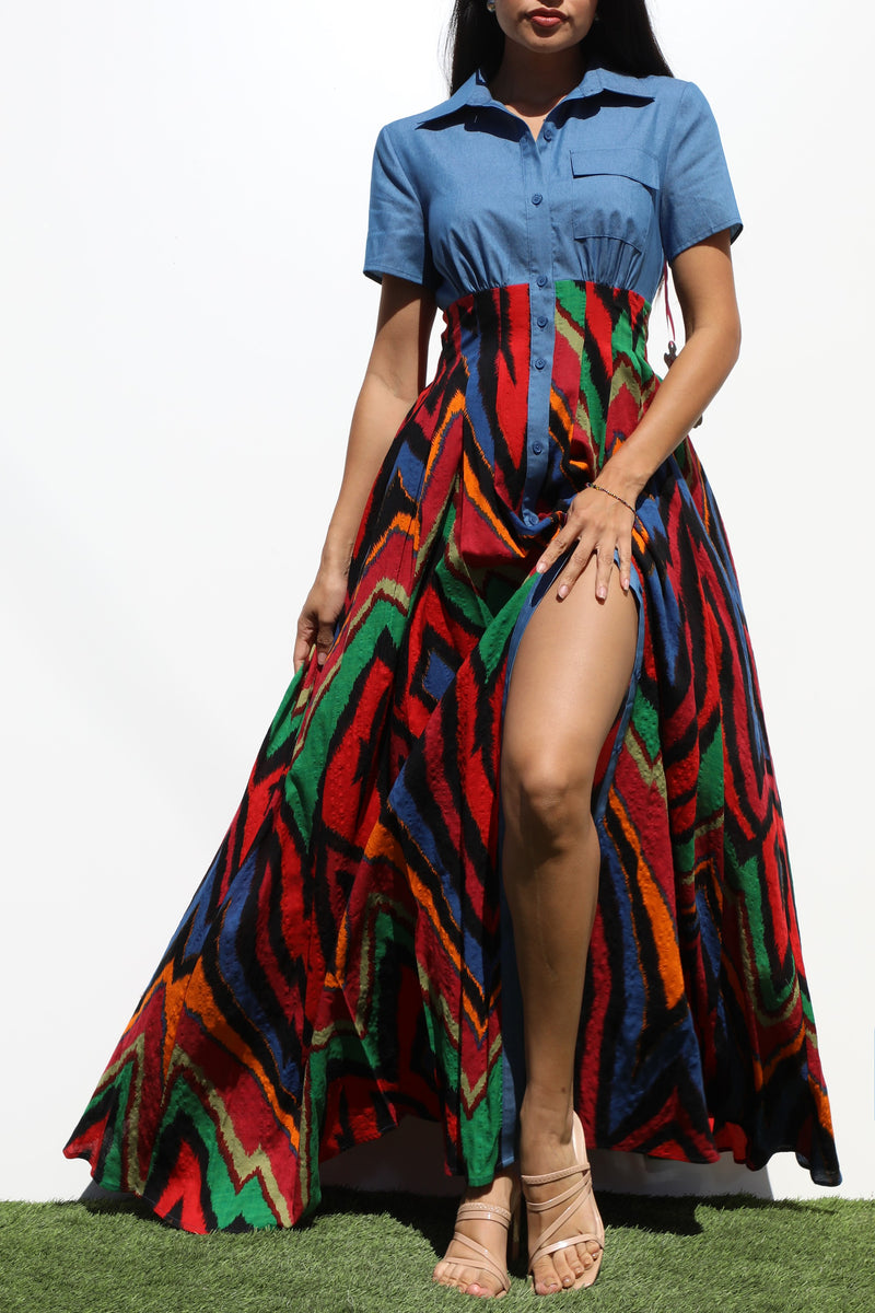 DD6826, PRINTED BUTTON DOWN MAXI DRESS