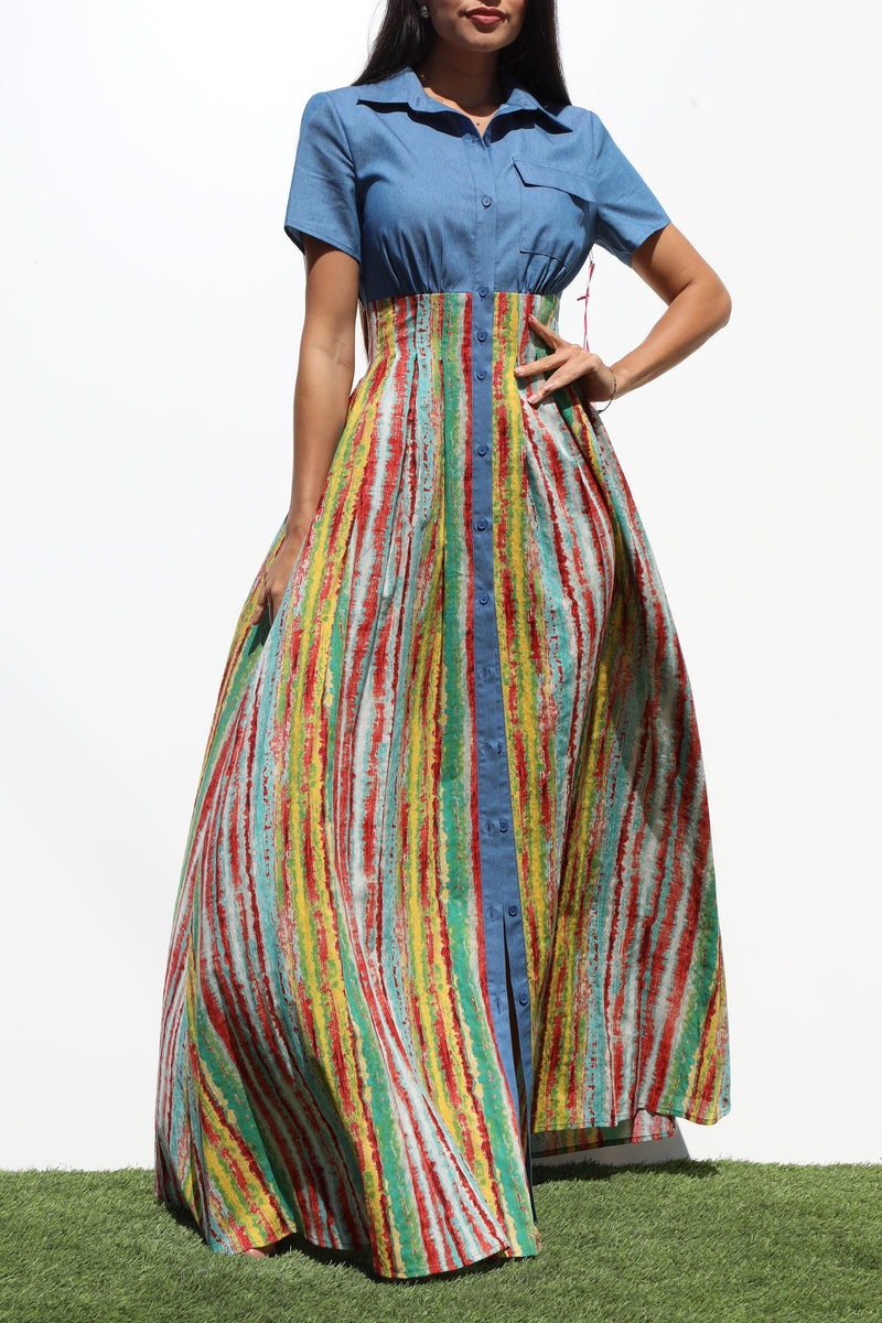 DD6826, PRINTED BUTTON DOWN MAXI DRESS