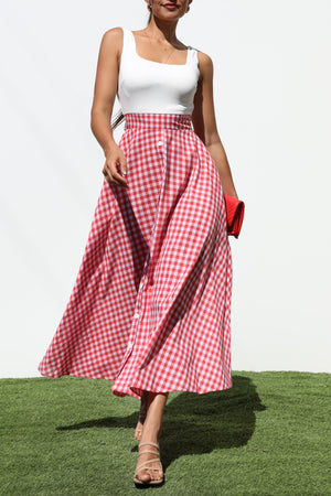 DD7141, SQUARE NECK PLAID MIDI DRESSES