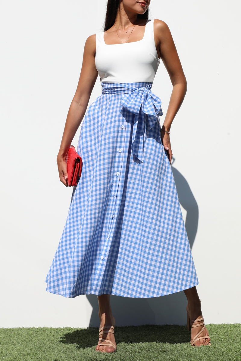 DD7141, SQUARE NECK PLAID MIDI DRESSES