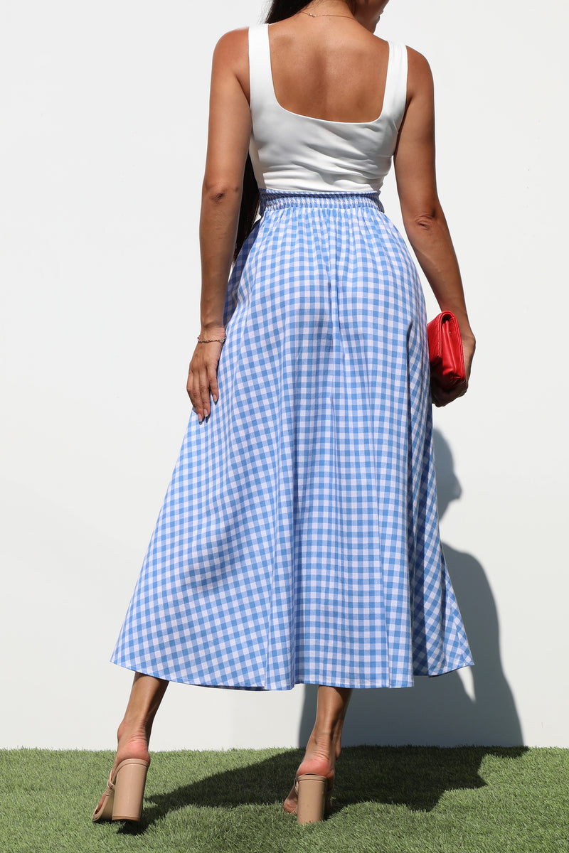 DD7141, SQUARE NECK PLAID MIDI DRESSES