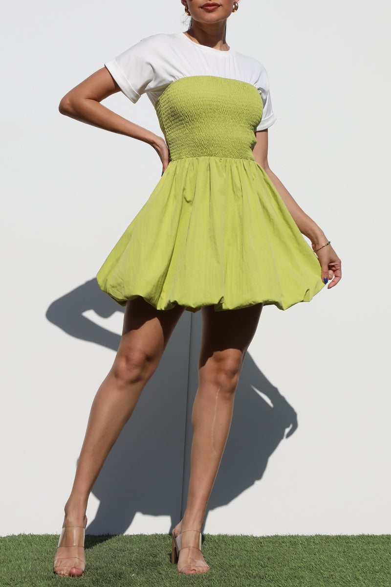 DD6928, SMOCKED BUBBLE HEM WOVEN MINI DRESS