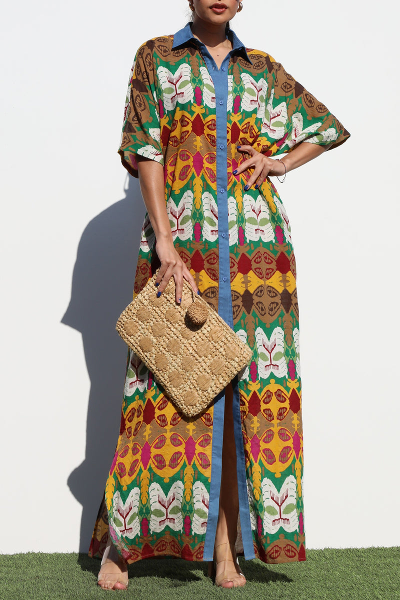 DD7207, PRINTED BUTTON DOWN WOVEN SHIRT DRESS