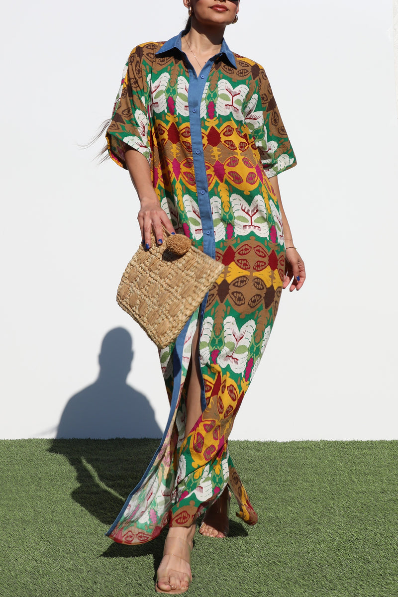 DD7207, PRINTED BUTTON DOWN WOVEN SHIRT DRESS