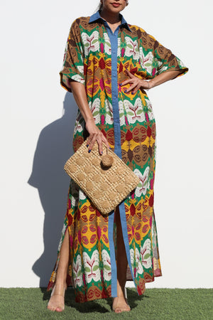 DD7207, PRINTED BUTTON DOWN WOVEN SHIRT DRESS