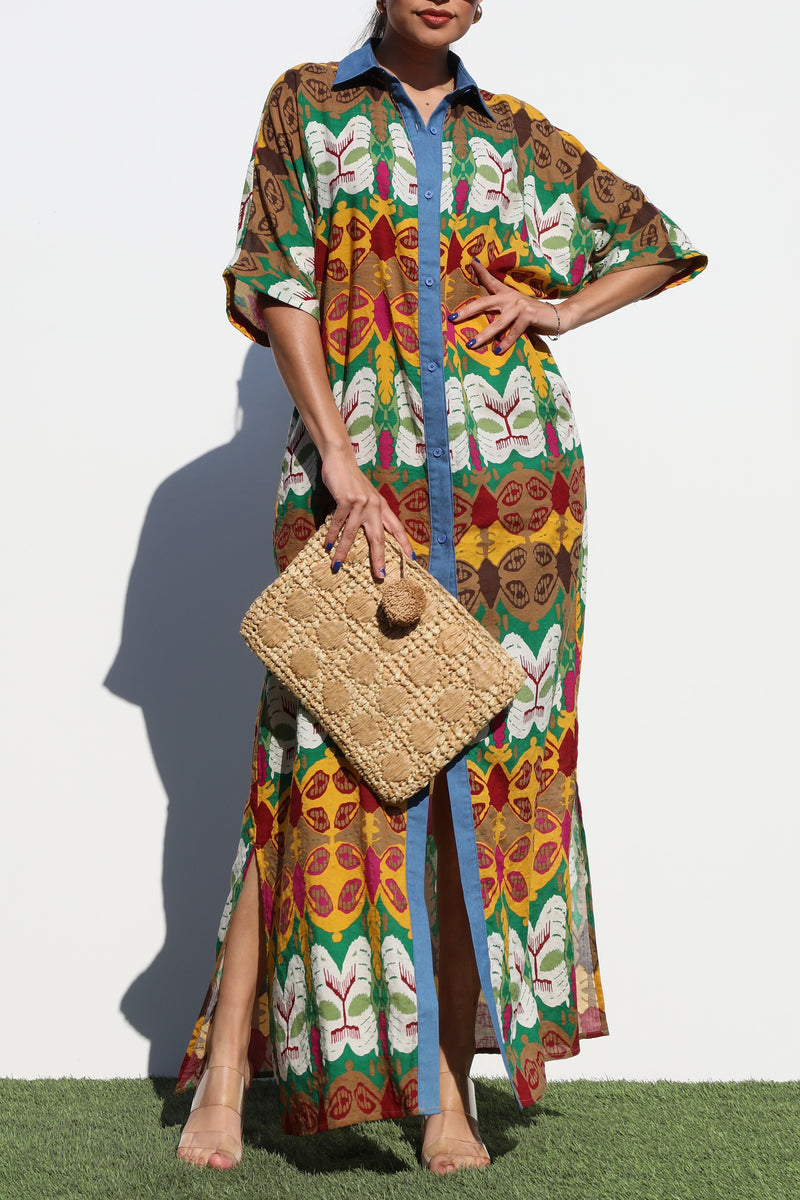 DD7207, PRINTED BUTTON DOWN WOVEN SHIRT DRESS
