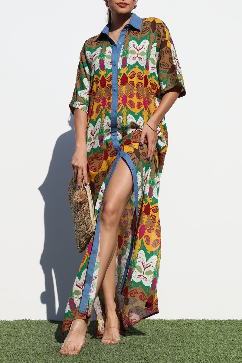 DD7207, PRINTED BUTTON DOWN WOVEN SHIRT DRESS