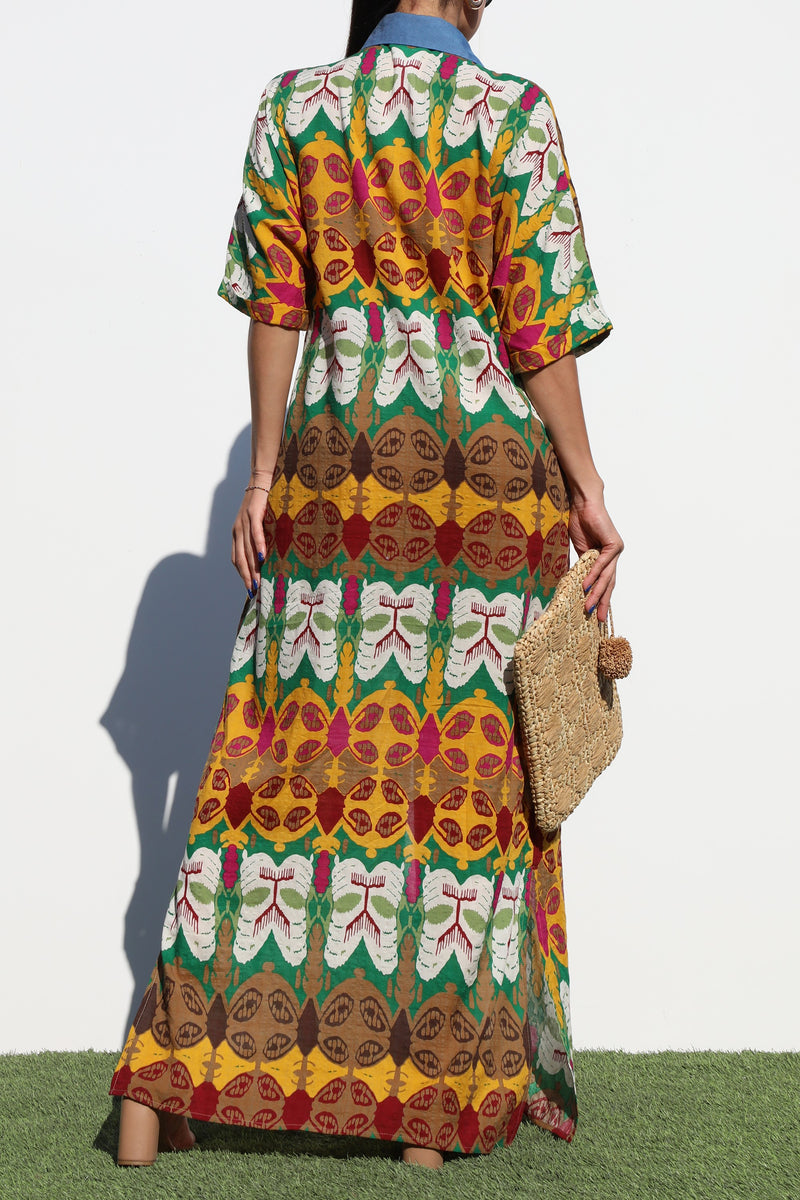 DD7207, PRINTED BUTTON DOWN WOVEN SHIRT DRESS