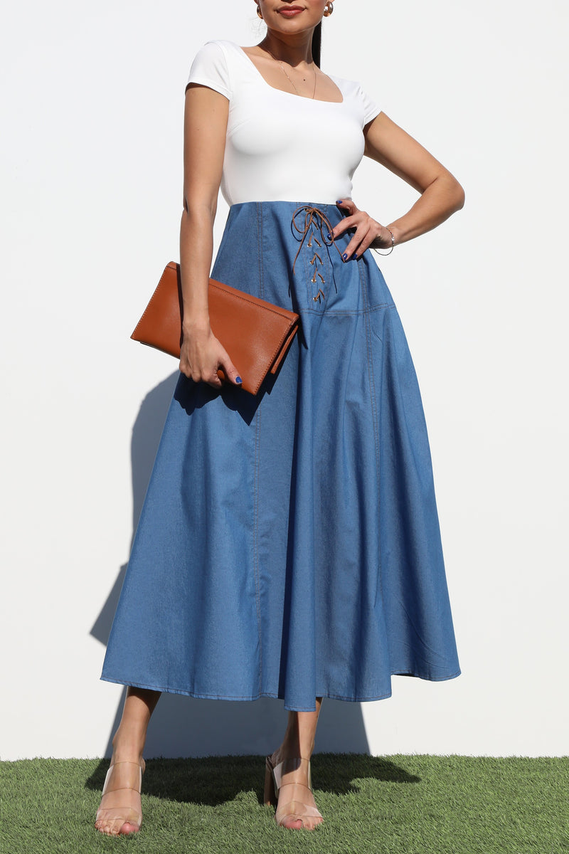 DD6949, EYELET DENIM MIDI DRESS