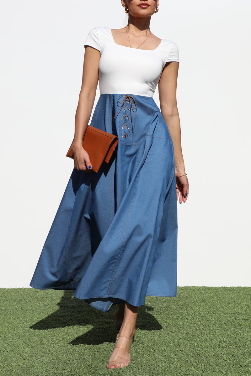 DD6949, EYELET DENIM MIDI DRESS