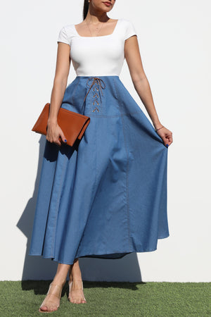 DD6949, EYELET DENIM MIDI DRESS