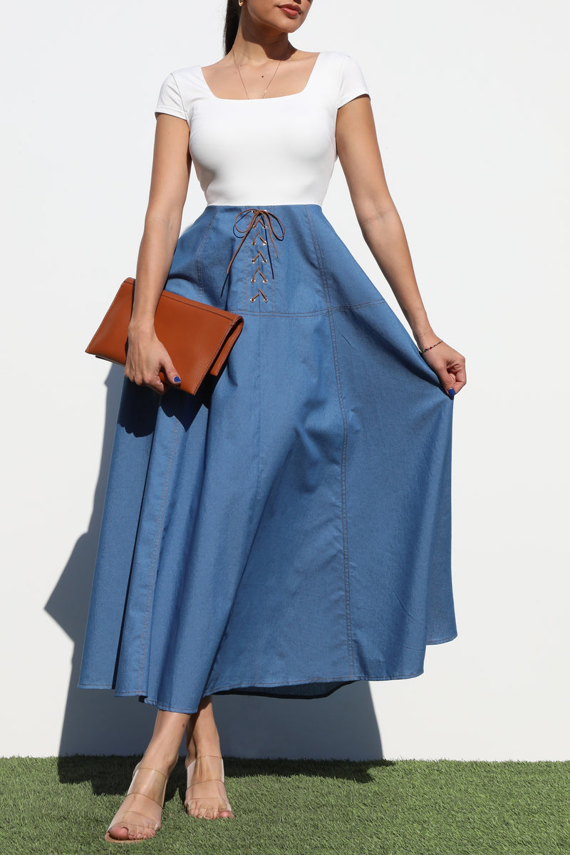 DD6949, EYELET DENIM MIDI DRESS