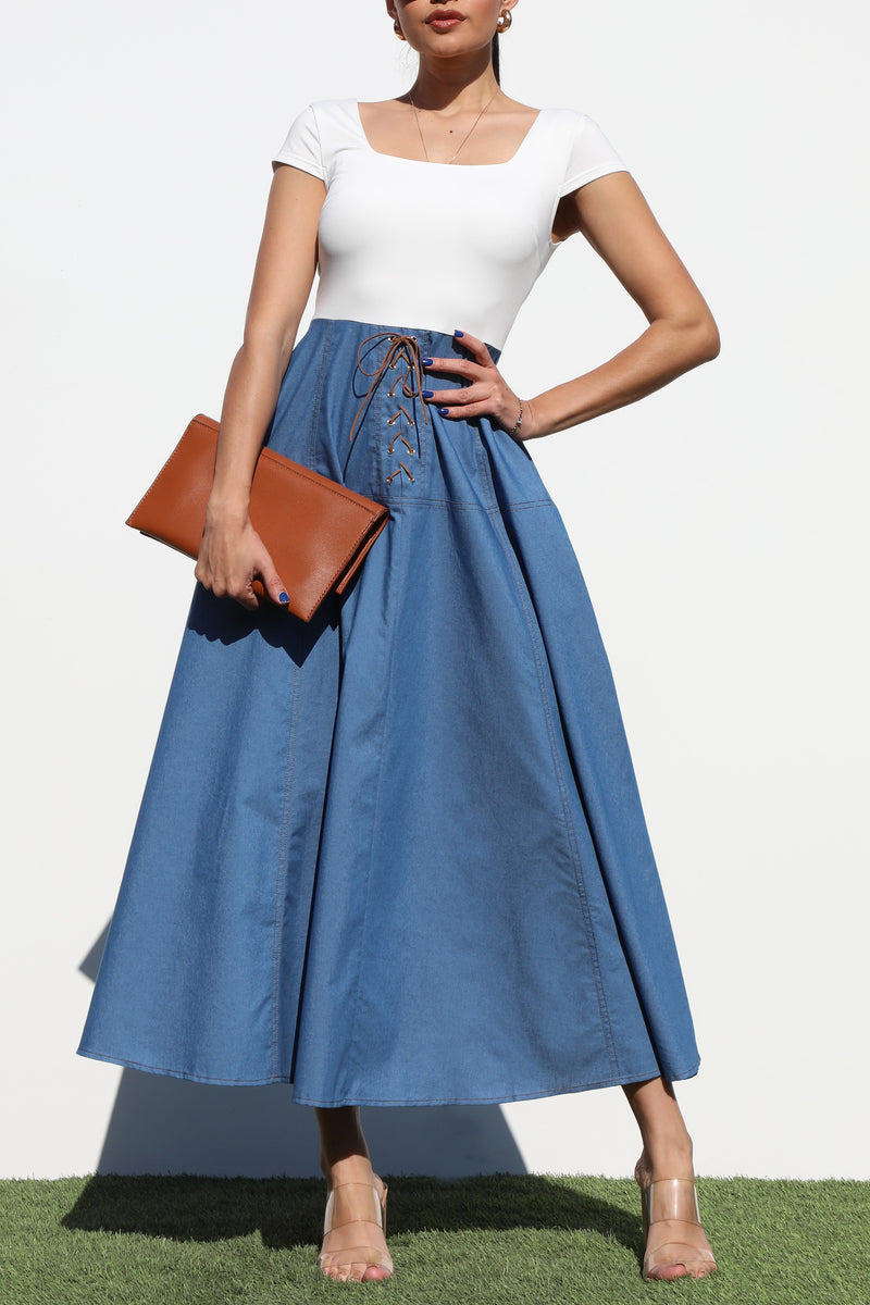 DD6949, EYELET DENIM MIDI DRESS