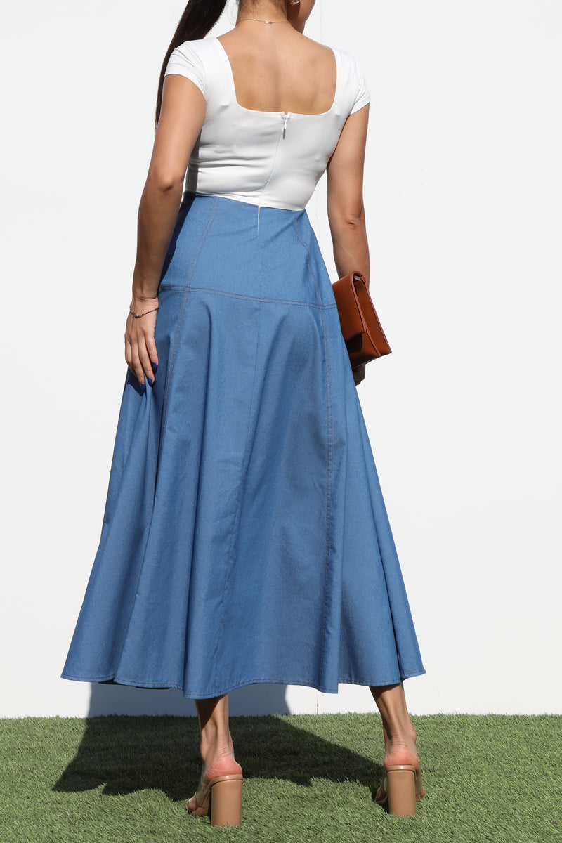 DD6949, EYELET DENIM MIDI DRESS