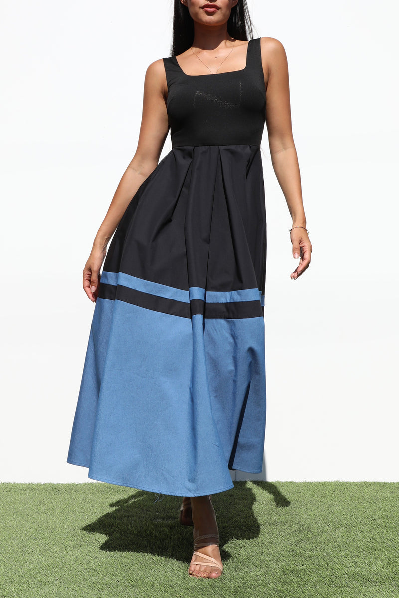 DD7035, SQUARE NECK DENIM MIDI DRESS